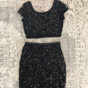 Black sequin two piece crop top & skirt